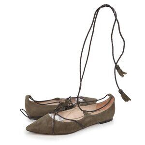 Massimo Dutti Suede Tie Up Ballerina Flats Ankle Wrap Point Toe Olive Green